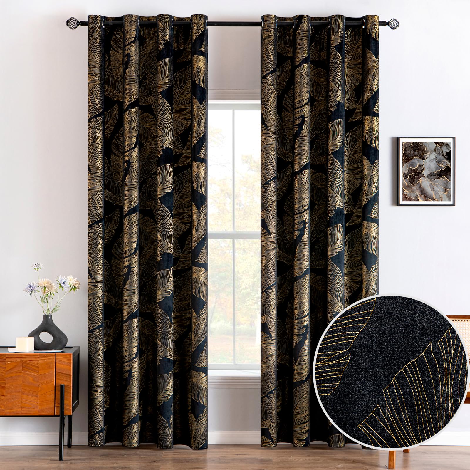 MIULEE Velvet Curtains with Gold Foil Leaves Pattern, 2 Black Velvet Curtains with Eyelets, Each 55 x 69 Inch, Room Darkening Drapes for Classical Living Room Bedroom โ image 1
