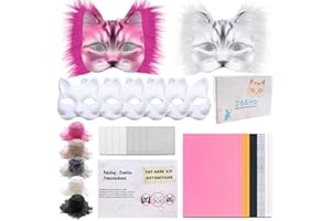 J6&H6 DIY Therian Mask Kit with Exclusive Ghost Stickers, Blank Cat Mask,Fabric Sheet, Faux Fur and Eye Mesh Suitable for Halloween，Ghost Role-Playing Parties（Pink）