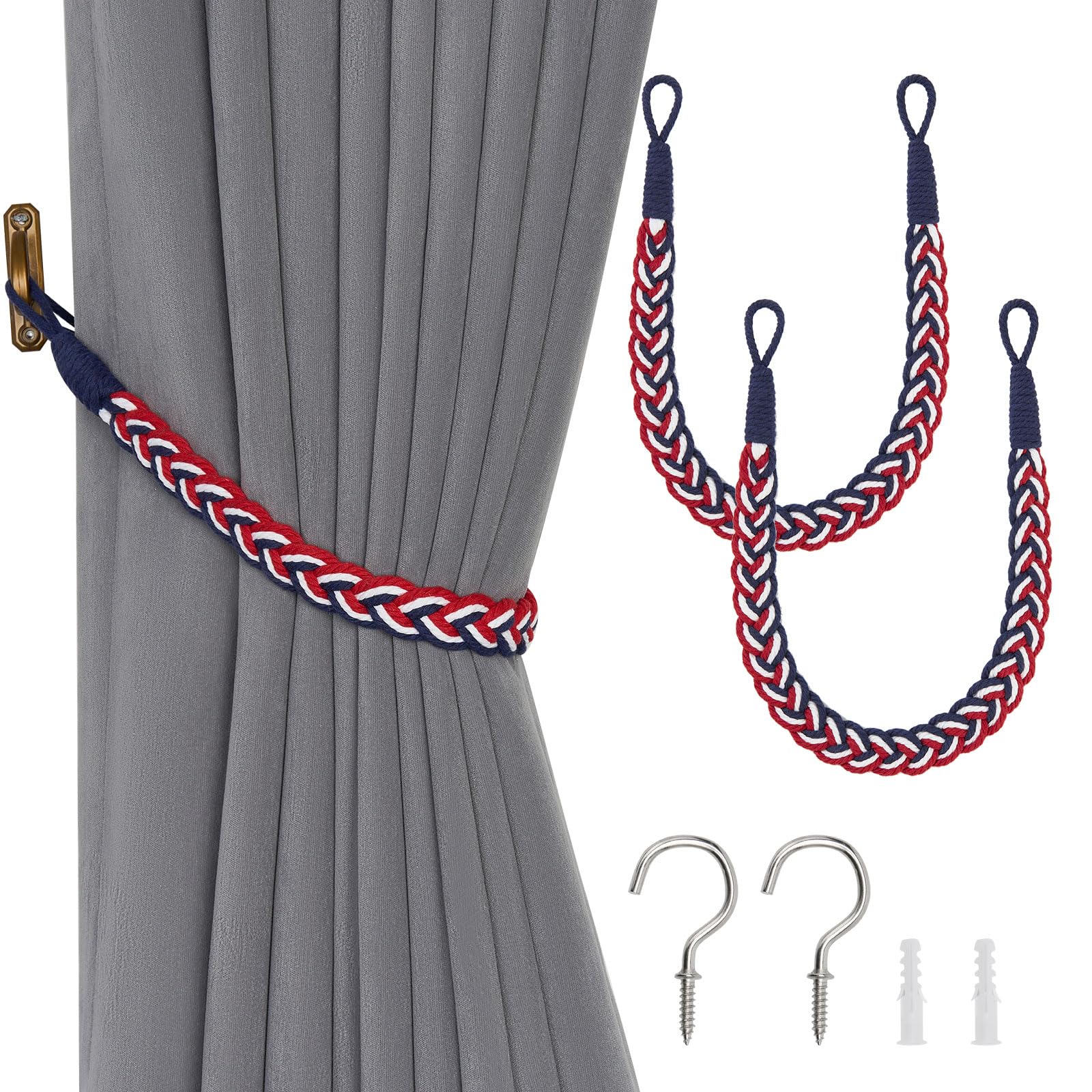 Pretty Jolly 2 Pack Natural Cotton Rope Curtain Tiebacks Elegant Boho Style Decorative Drape Tie Backs Soft Hand-Woven Rope Curtain Holdbacks with Metal Hook for Home & Office Drapery (Flag Color)