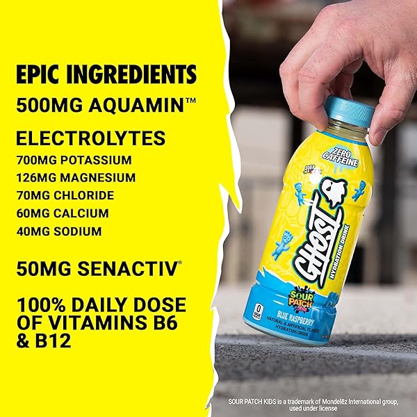 GHOST HYDRATION DRINK, SOUR PATCH KIDS BLUE RASPBERRY – RTD SPORTS DRINKS WITH ELECTROLYTES FOR HYDRATION – BEVERAGE FOR ATHLETES – ZERO CAFFEINE & ZERO SUGARS – 16.9 FL OZ, 12 PACK