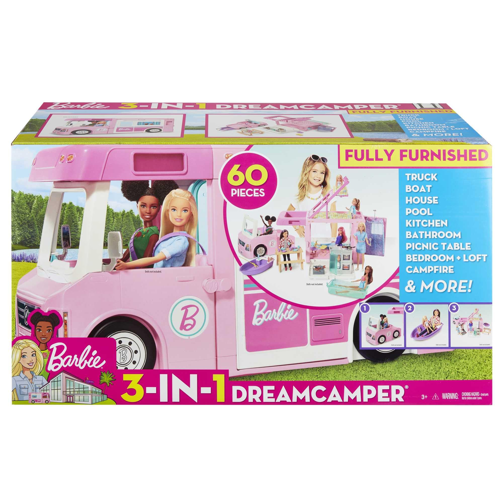 Barbie Camper, Doll Playset with 50 Accessories, Transforms into Truck, Boat & House, Includes Pool, 3-in-1 Dream Camper, GHL93