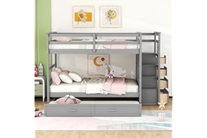 BIADNBZ Full Over Full Bunk Bed with Stairs, 4 Storage Drawers and Trundle, Wooden Bunkbeds with Staircase and Full-Length Guardrails, for Kids/Teens Bedroom, Gray