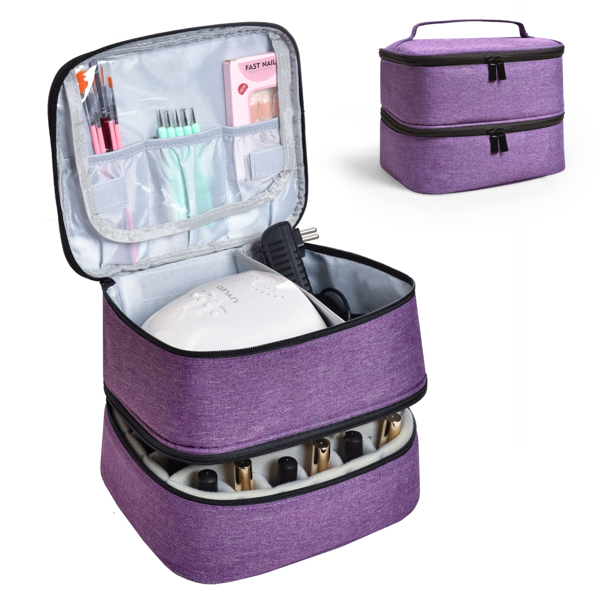 Horsande Nail Polish Organiser Holds 30 Bottles (0.5 fl.oz/15ml), Nail Case for UV Lamp and Accessories, Portable Purple Storage Bag