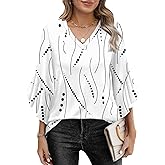 OFEEFAN Blouses for Women Dressy Casual 3/4 Length Sleeve Womens Tops V Neck Tshirts Shirts with Flared Sleeve