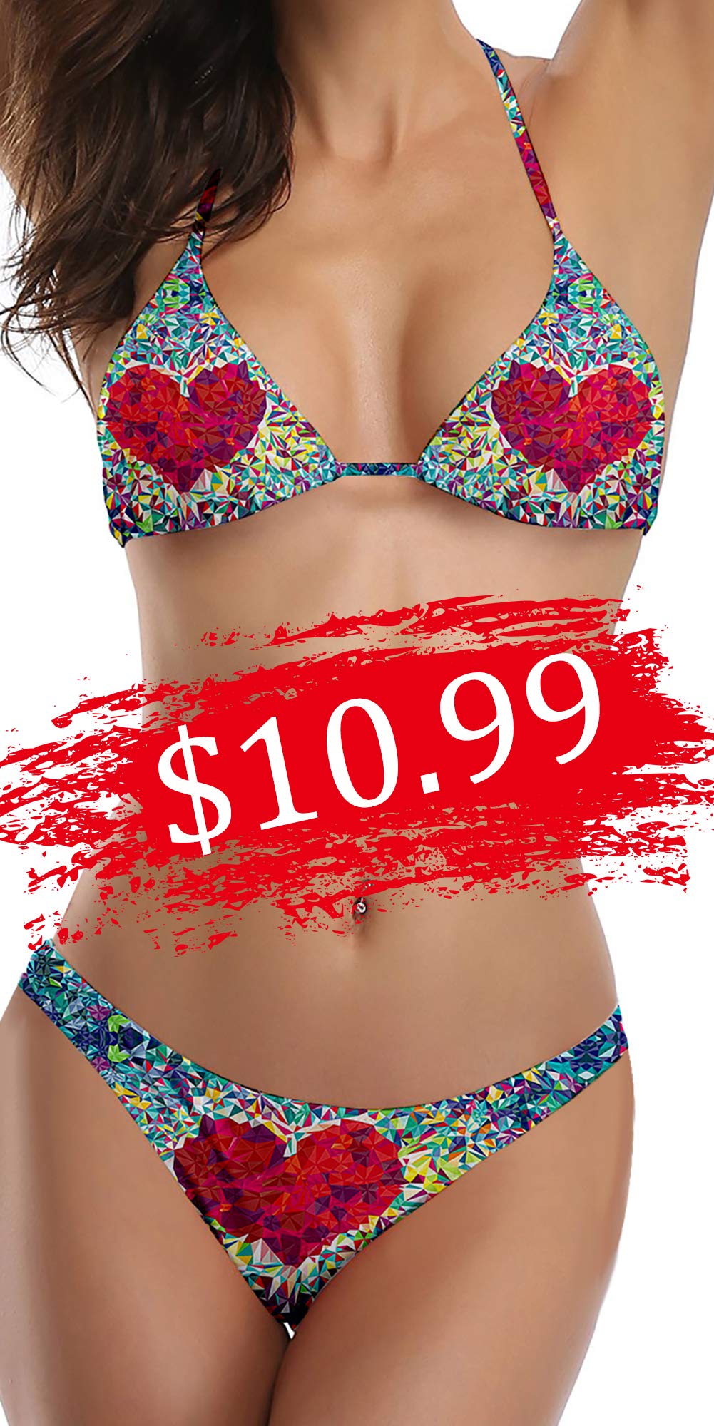 Women’s 2 Pcs Triangle Padding Bra Top High Leg Cut Bottoms Sexy Thong Bikini Set 3D Printed Red Heatr Colorful Grometry Push up Halter Swimwear Bikini Beachwear Bandage Bathing Suit XL