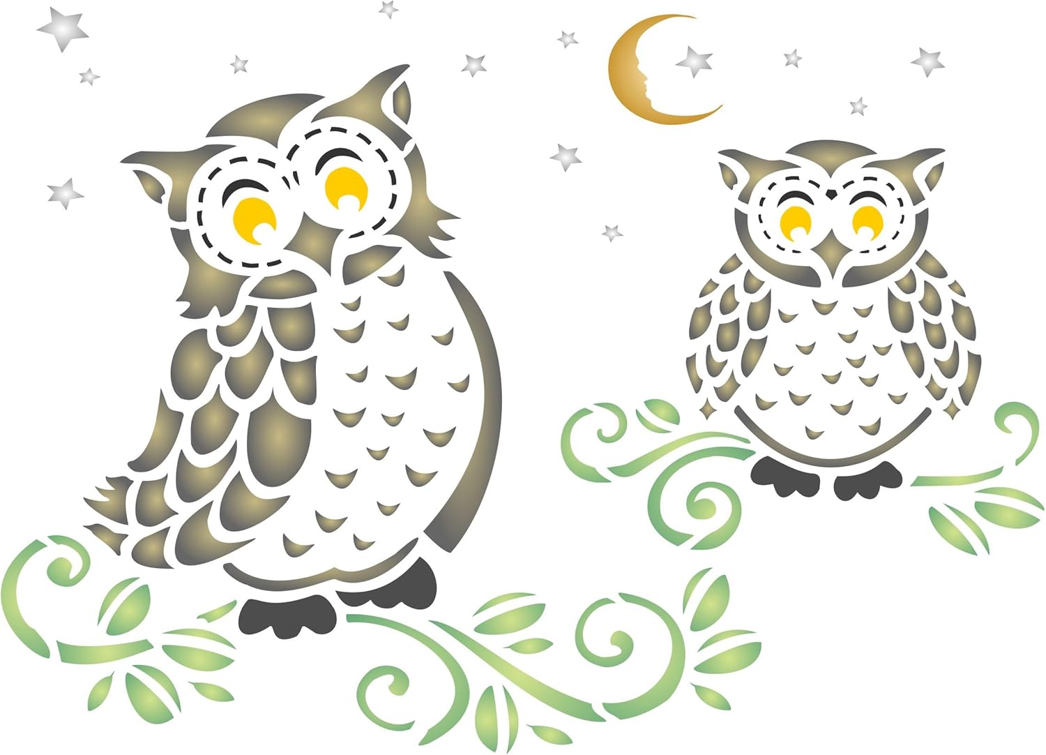Owls Stencil - 16.5 x 11.5cm (M) - Reusable Nocternal Barn Animal Wildlife Wall Stencil Template