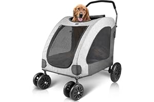 Petbobi Dog Stroller for Large Dogs, Breathable Space, Waterproof Oxford Cloth & Storage Bag, Detachable Folding, Lightweight 4 Rubber Wheel Pet 2 Medium Dogs Up to 120lbs, Grey