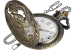 Realpoo Locomotive Bronze Pocket Watch for Men,Arabic Numerals White Dial Pocket Watches for Men, Men's Pocket Watch with Chain