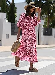 miduo Womens Maxi Dress Summer Fashion V Neck Short