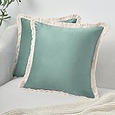 MONDAY MOOSE Decorative Throw Pillow Covers Cushion Cases, Set of 2 Soft Velvet Modern Fringe Tassel Designs, Mix and Match for Home Decor, Pillow Inserts Not Included (18x18 inch, Sea Green)