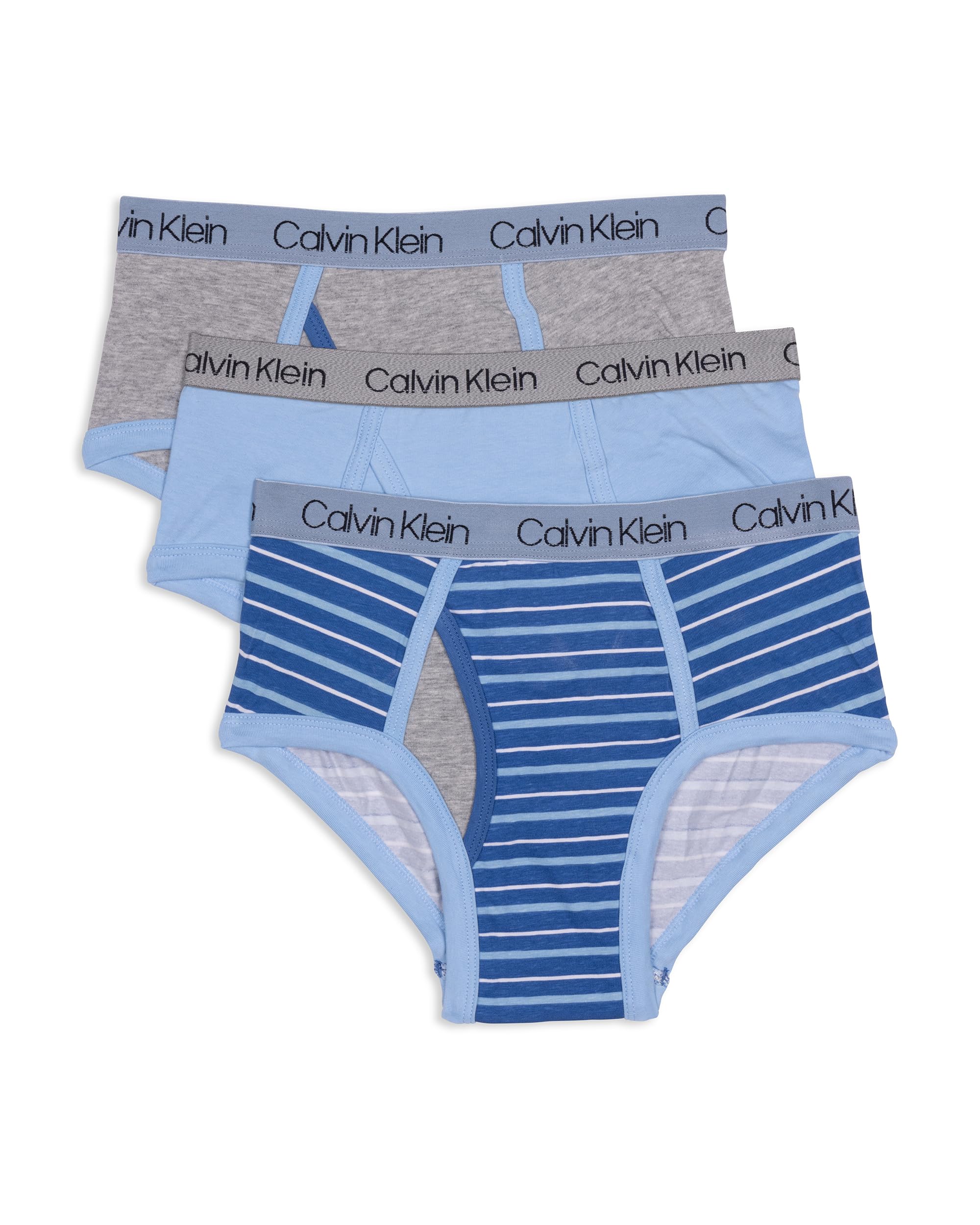 Photo 1 of Calvin Klein Boys Modern Cotton Assorted Briefs Underwear, 3 Pack Blue and Grey Stripe, Blue Bell, Heather Grey Small