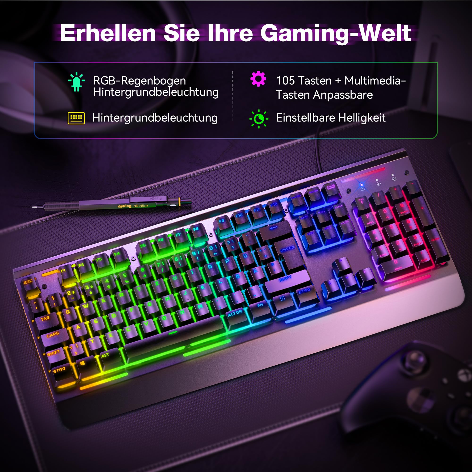 TECKNET Gaming Tastatur 105 Tasten Membrantastatur mit Vollmetall-Gehäuse 2