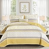 DJY Striped Quilt Set King Size, Yellow Grey Boho Striped Patchwork Leaves Printed Bedspread Coverlet Set 3 Pieces Soft Lightweight Microfiber Quilted Bedding Set for All Season (104"x90")