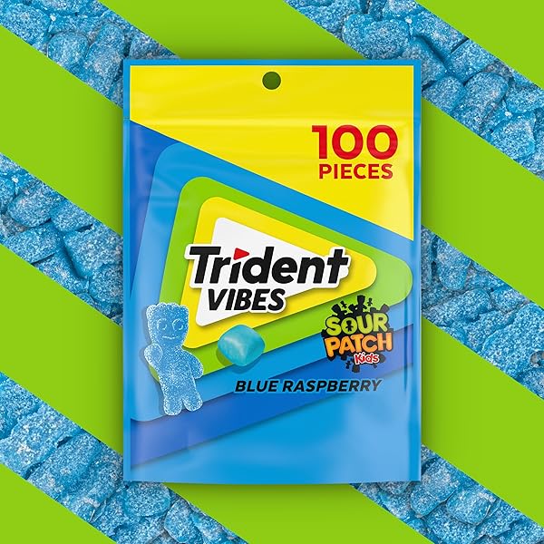 TRIDENT VIBES SOUR PATCH KIDS BLUE RASPBERRY SUGAR-FREE CHEWING GUM, RESEALABLE POUCH, PACK OF 1 (100 PIECES)