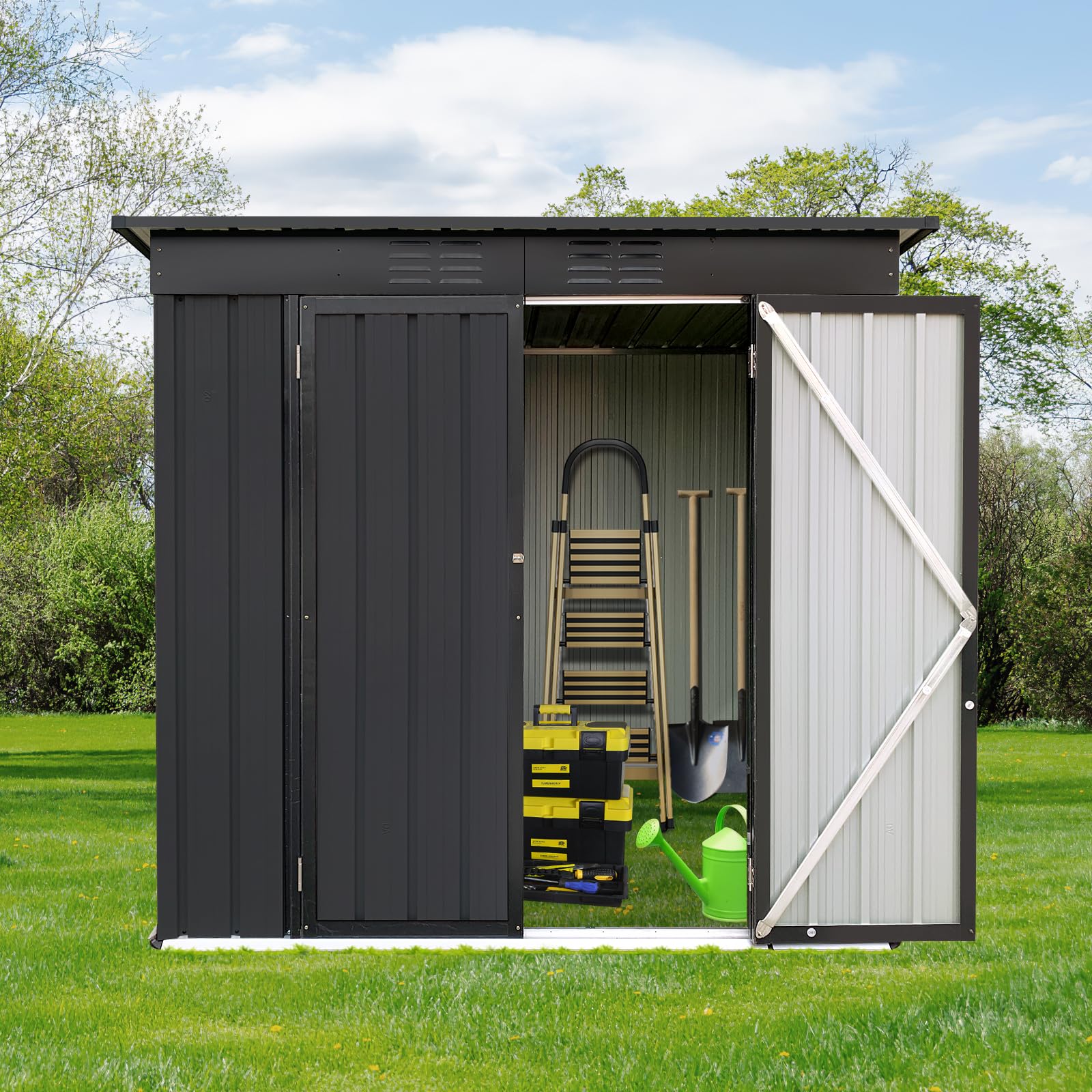 Photo 1 of 4ft x 6ft Black Aluminum Garden Shed Without Floor - Foundation-Free Outdoor Storage Shed, Tiny House Tool Shed w/Hinged Door & Vents - Resin Shed Alternative Storage Cabinet