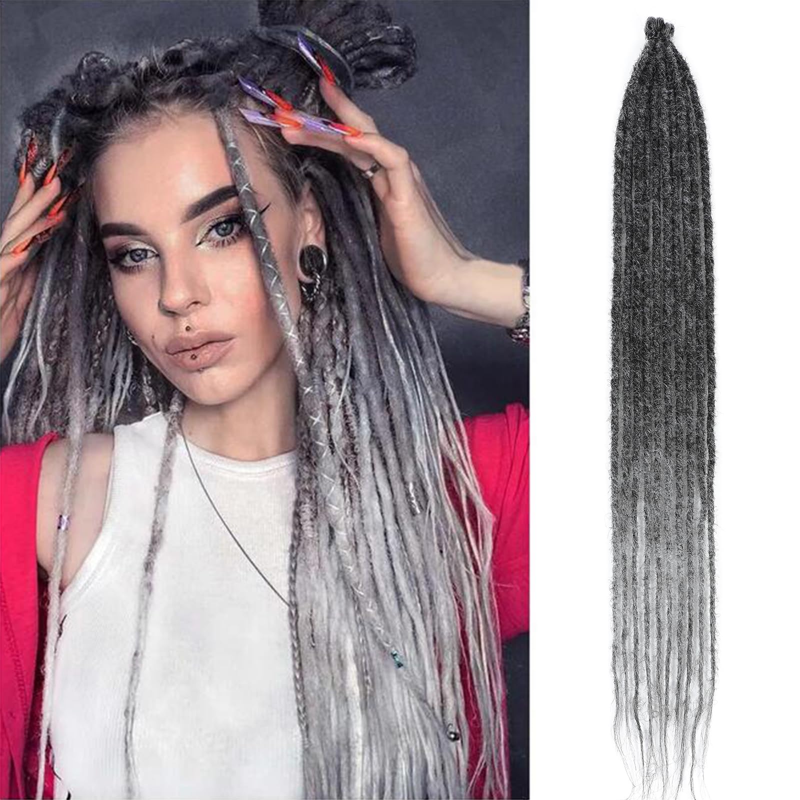 24 Inch Ombre Grey Dreadlock Extension 10 Strands Synthetic Dread Braids Hippie Single Ended Dreads 0.6 Width Handmade Thin Dreads Extensions(1B/Gray, SE 10 Strands)