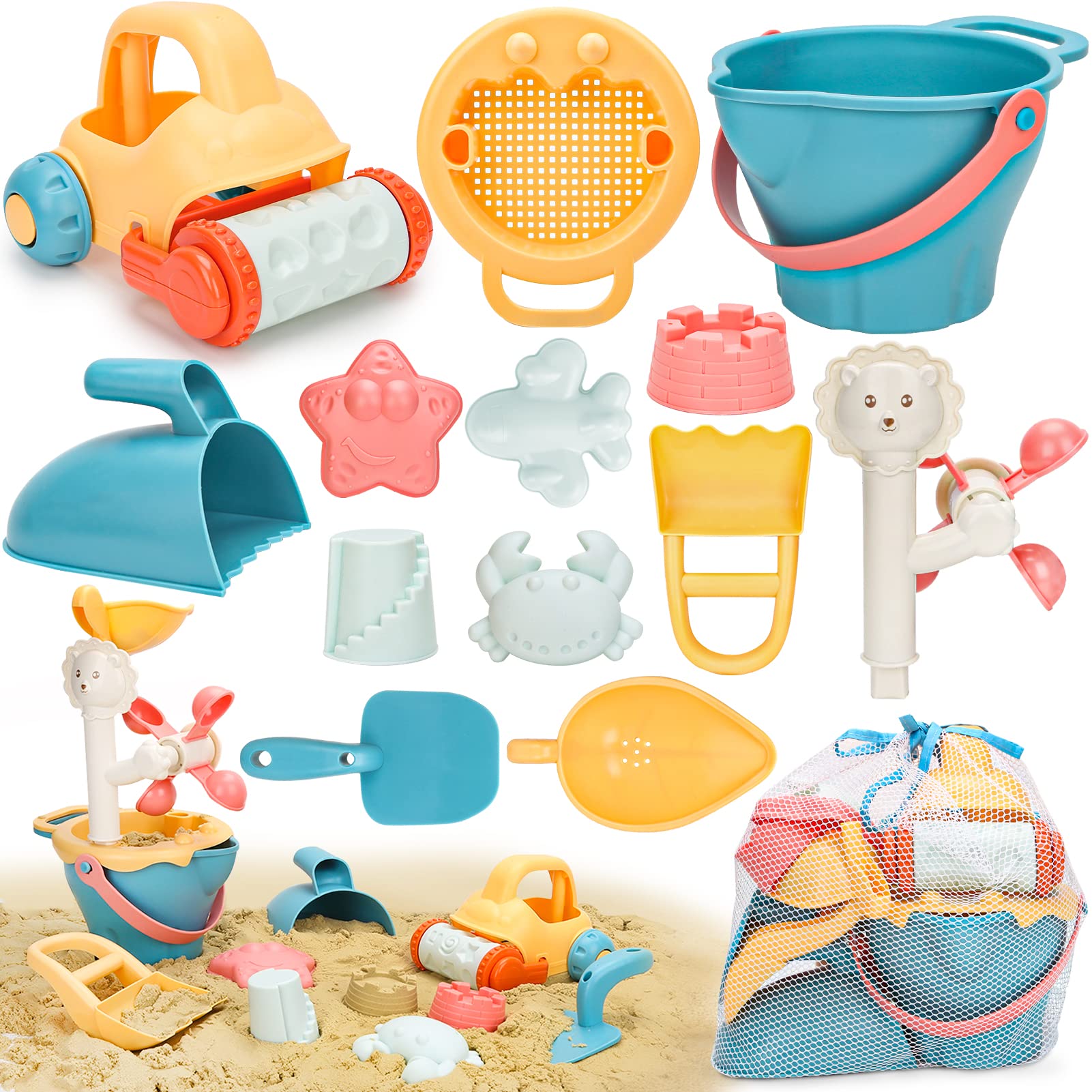 Sanlebi Sand Beach Toys for Kids, Soft Material Sandpit Toys with Bucket and Spade, Reusable Mesh Bag, Summer Beach Games for Toddlers Children