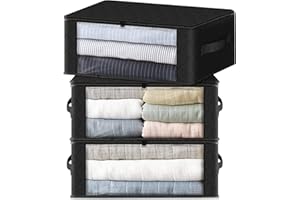 HomeHacks Storage 3-Pack Clothes Organizer Storage Bags Foldable Storage Box with Large Clear Window Sturdy Handles for Closet, Dorm, Pillows, Bedding, Clothes, Stuffed Toys, Blankets, 35L, Black