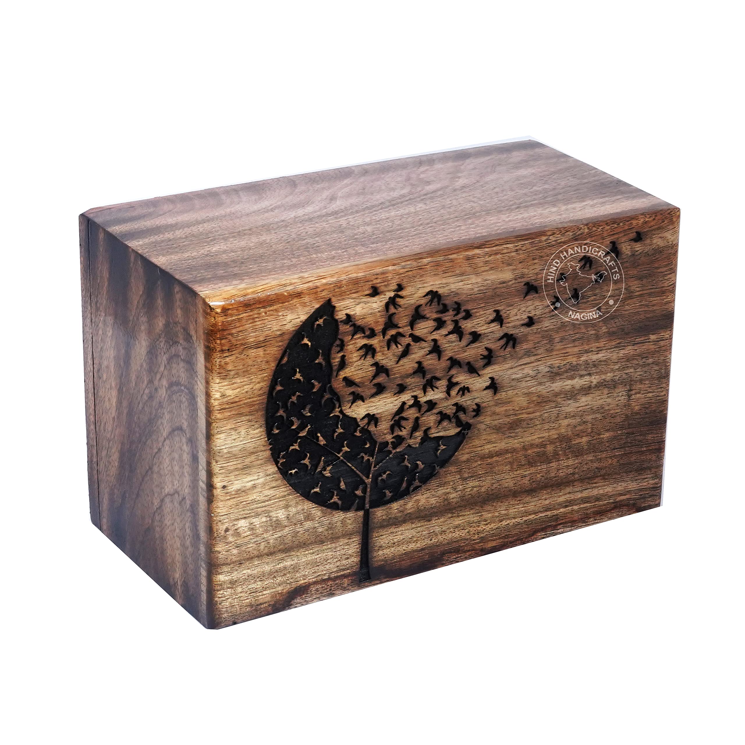 HIND HANDICRAFTS Antique Handmade & Handcrafted Rosewood Borders Engraving Wooden Cremation Box Urns for Human Ashes Adult, Funeral Urn Box - 200 Cu/in or lbs (Tree Life - Flying Bird 1, Brown)