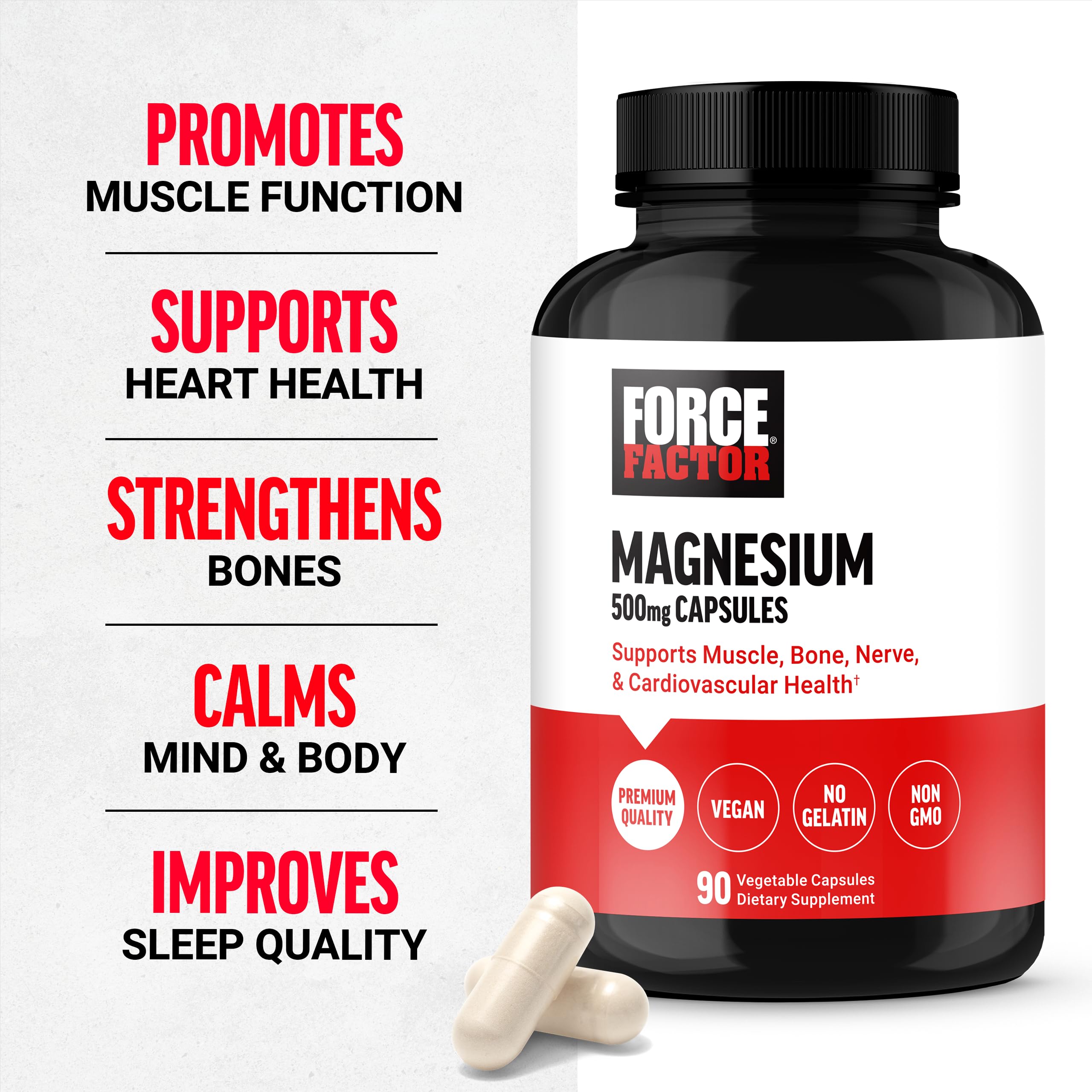 Force Factor Magnesium Complex Supplement to Support Muscles, Bones, Nerves, and Cardiovascular Health, Magnesium Glycinate, Magnesium Citrate, and Magnesium Oxide, Vegan, Non-GMO, 90 Capsules