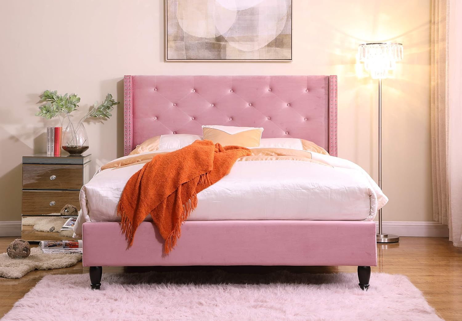 Home Life Pink Premiere Classics Velour 51 Tall Headboard Platform Bed With Slats Full 5 Year Warranty Included 007 Bedroom Furniture Bed Slats