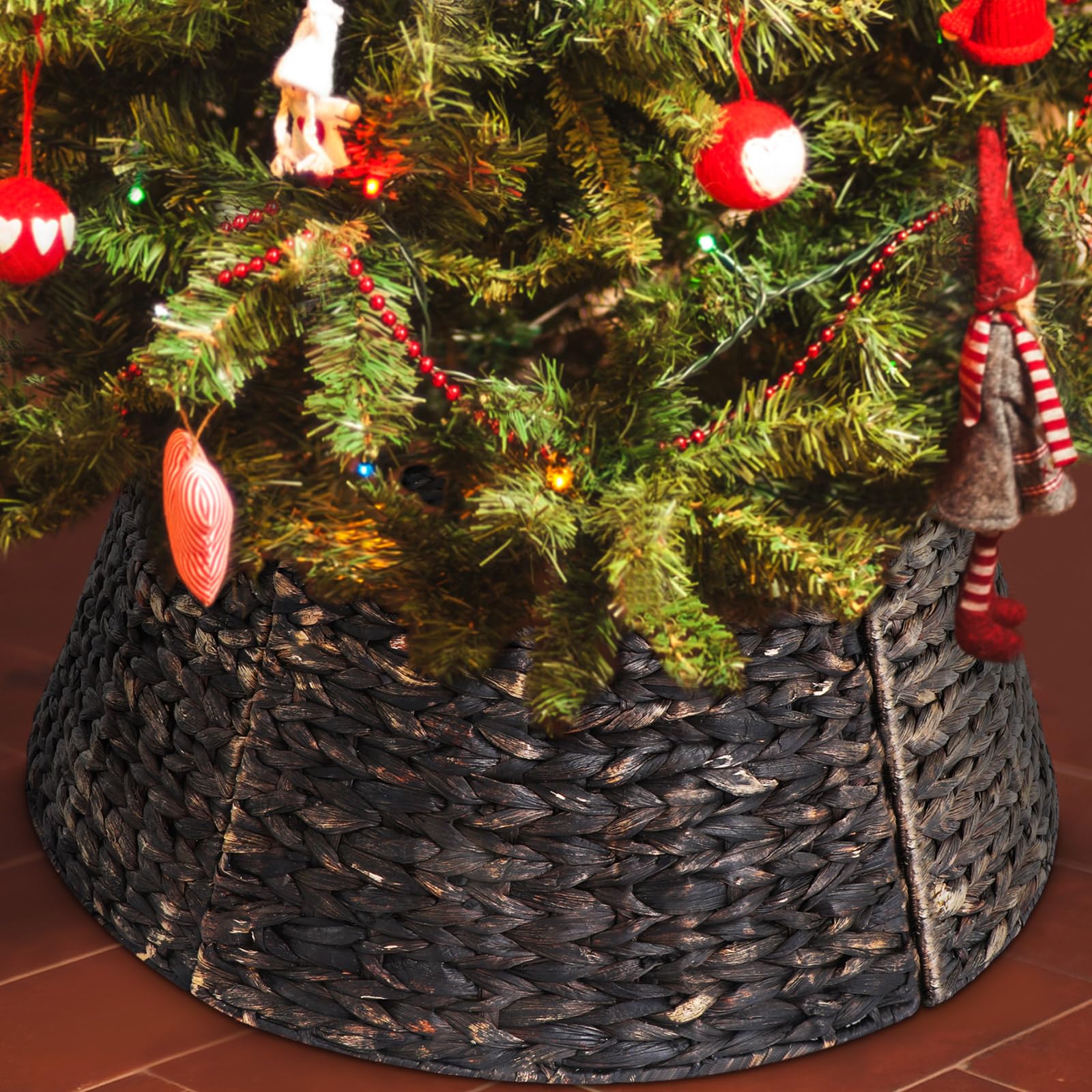Photo 1 of Liliful Christmas Tree Collar Woven Tree Collar Tree Ring Farmhouse Tree Collar Wicker Rustic Tree Skirt for Christmas Tree Decorations(Dark Brown,27 Inches)