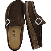 CUSHIONAIRE Hobby Genuine Leather Suede Mule Clogs for Women with Buckle Strap and Cork Footbed, Supportive All-Day Comfort in Womens Shoes, CHOCOLATE 8