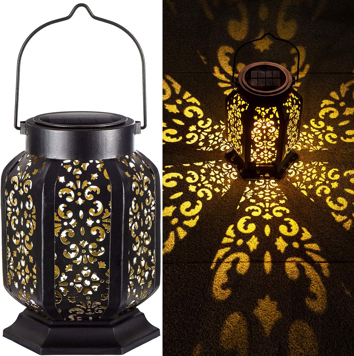 LeiDrail Solar Lantern Outdoor Garden Hanging Lanterns Black Metal Hexagon Decorative Light Warm White LED Waterproof Landscape Lighting for Table Yard Porch Pathway Party - 1 Pack
