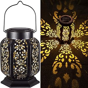 LeiDrail Solar Lantern Outdoor Garden Hanging Lanterns Black Metal Hexagon Decorative Light Warm White LED Waterproof Landscape Lighting for Table Yard Porch Pathway Party - 1 Pack
