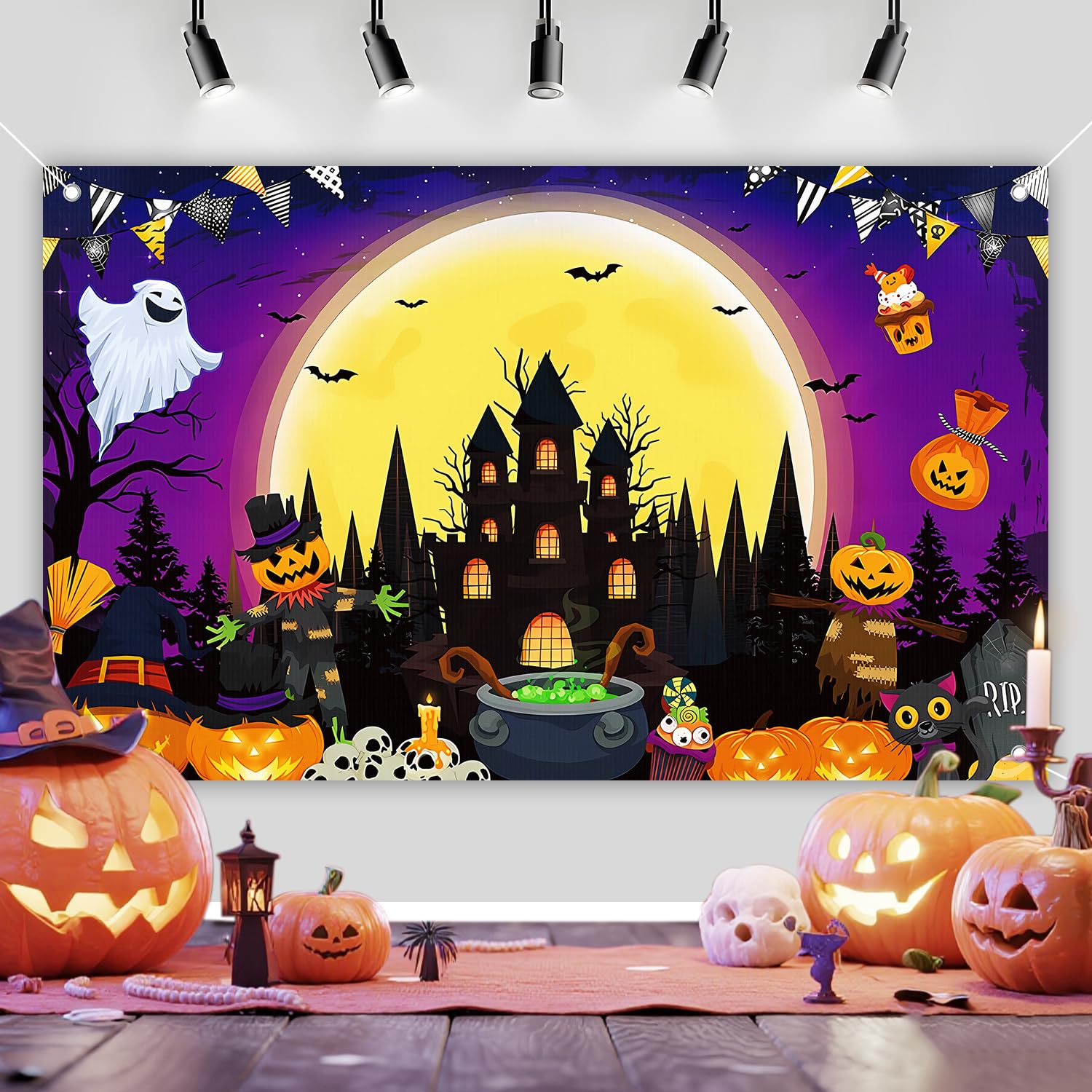 Photo 1 of Halloween Banner Backdrop 70.8 x 43.3 Inches. Happy Halloween Sign Party Decorations Featuring Pumpkins, Ghosts, Bats. Ideal for Photo Studios,Birthday Home and Commercial Events Displays