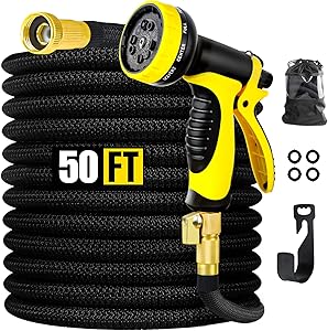 Garden Hose, EPN Expandable 50ft Water Hose with 10 Function Nozzle, Durable 4-Layers Latex, Leakproof Expanding Flexible with Solid Brass Fittings, Extra Strength Fabric, Lightweight Expanding Hose