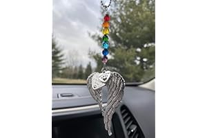 HEART PROJECTS “I'll Meet You at The Rainbow Bridge” and Large Angel Wings Charms with Rainbow Colored Czech Glass Beads Rear View Mirror Car Charm, Memorial Pet Remembrance