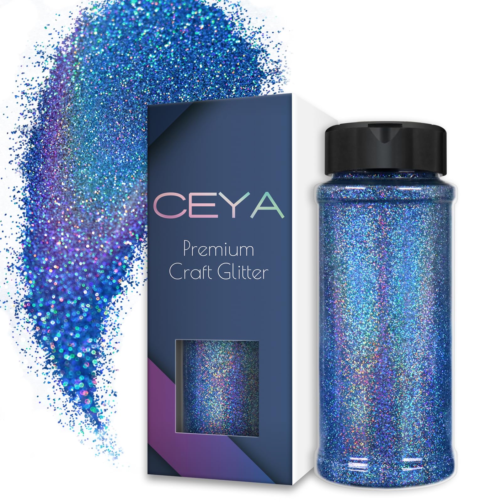 Ceya 3.5oz/ 100g Ultra Fine Glitter Powder Laser Sapphire Blue Holographic Glitter 1/128” 0.008” 0.2mm for Slime Epoxy Resin Craft Tumbler Jewelry Nail Art Festival Makeup Painting Wedding Cards