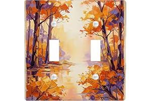 Trees Double Light Switch Cover Plate, Autumn Nature Leaves Water Fall Orange Plastic Standard Size Wall Switch Plates Accent