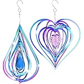 Jetec 2 Pcs Reflective Wind Spinners Outdoor Woodpecker Devices, Colorful | Bird Deterrent Stainless Steel 3D Metal Hanging Wind Spinners for Women Gifts Yard Patio Farm Garden Decor, Heart, Water Drop