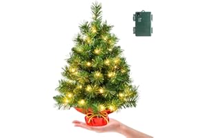 Pre-lit 2ft Small Christmas Tree, Leeheeyee Artificial mini Christmas Tree with 50 LED Lights, Battery Operated Tabletop Xmas Tree with Burlap Base for Table Desk Home Christmas Decor
