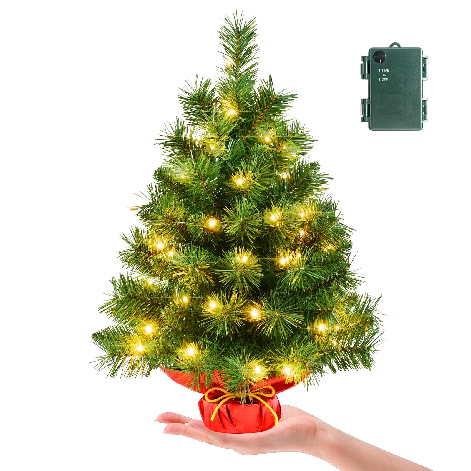 Photo 1 of Pre- Mini Christmas Tree, Leeheeyee Artificial 2ft Tabletop Christmas Tree with 50 LED Lights, Battery Operated Small Xmas Tree with Burlap Base for Table Desk Home Christmas Decor