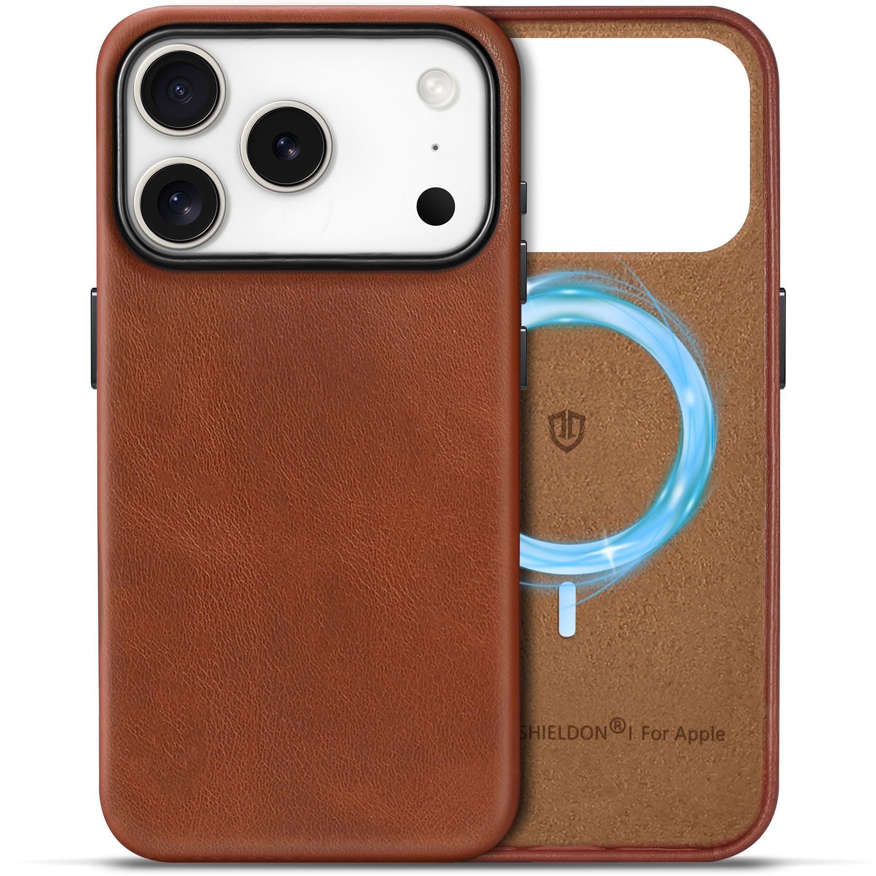 Photo 1 of SHIELDON Genuine Leather Case for iPhone 17 Pro 6.3" 2025, Compatible with Magsafe, Magnetic Wireless Charging, Anti-Scratch, Shockproof Protective Cover with Metal Button & Camera Bezel - Retro Brown