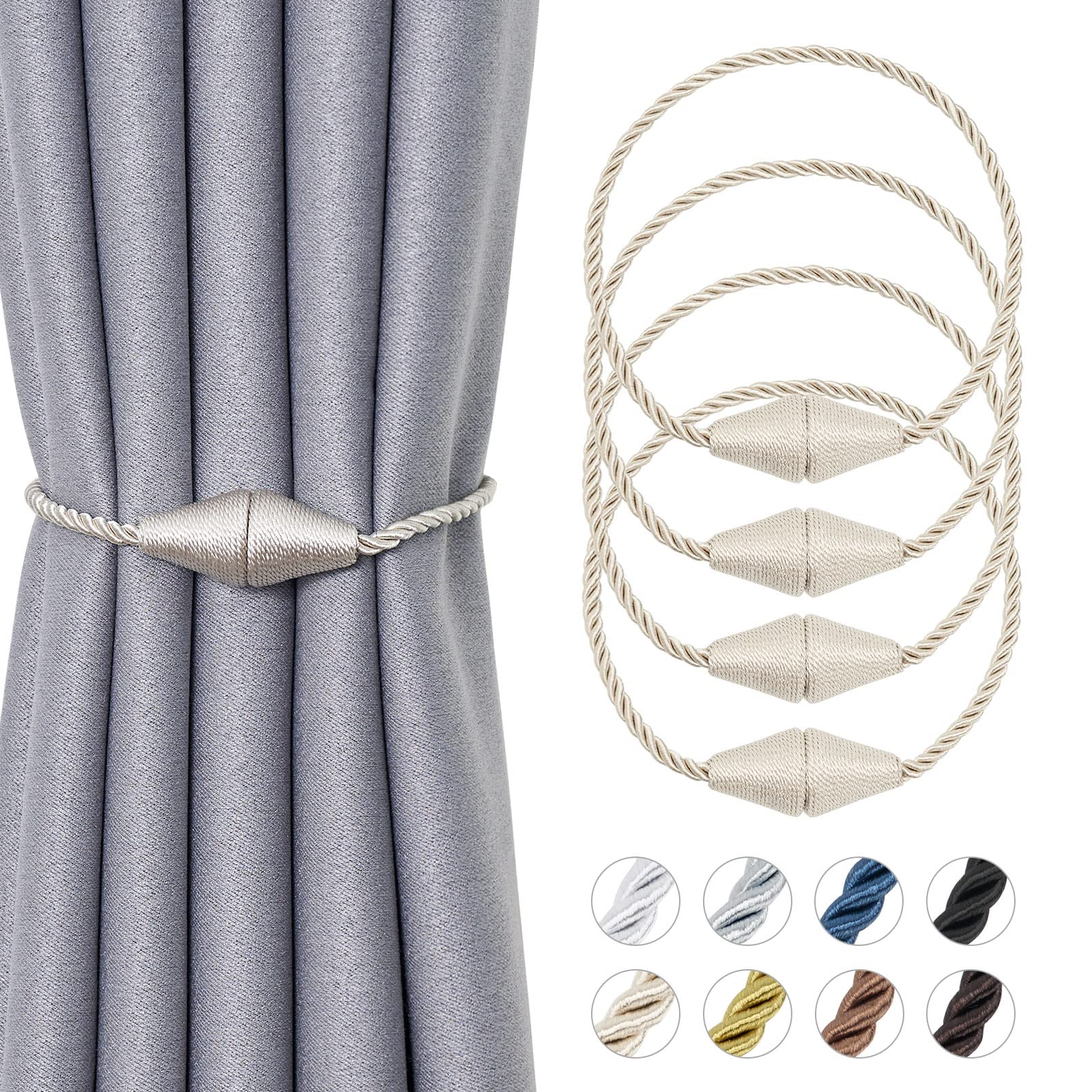 Pretty Jolly 4 Pack Upgrade Magnetic Curtain Tiebacks 16 Inch Handmade Weave Rope Curtain Holdbacks Convenient Decorative Cone Curtain Drape Tie Backs for Home & Office Window Drapery (New Beige)
