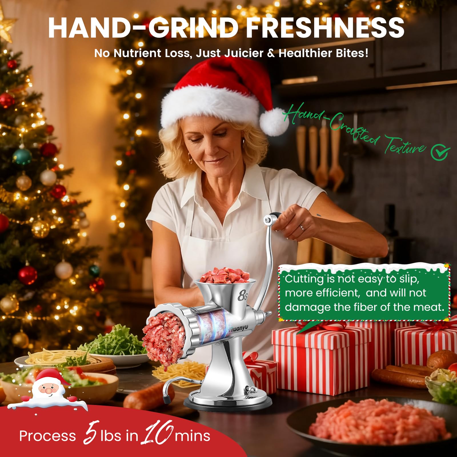 Huanyu Manual Meat Grinder - Heavy Duty Stainless Steel, Effortless Hand Crank for Fresh Ground Beef, Sausages & Pet Food - Compact, Dishwasher Safe - Perfect for Home Restaurant & Outdoor