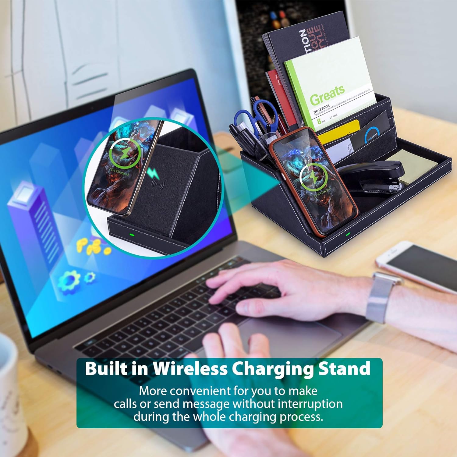 Desk Organizer with Charging Station, Multifunctional Desktop Organizer All in One Office Supplies and Desk Accessories Organizer with 4 Compartments and 1 Phone Stand for Home & Office -Black: Home Improvement