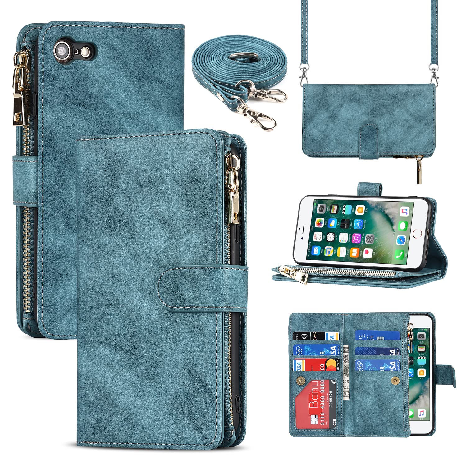 Cavor Crossbody iPhone 7/8/SE 2020/SE 2022 Case With Card Holder With Strap,Flip Leather Wallet Case,[9 Card Holder] Zipper Detachable Lanyard Phone Case Cover for women - Light Blue