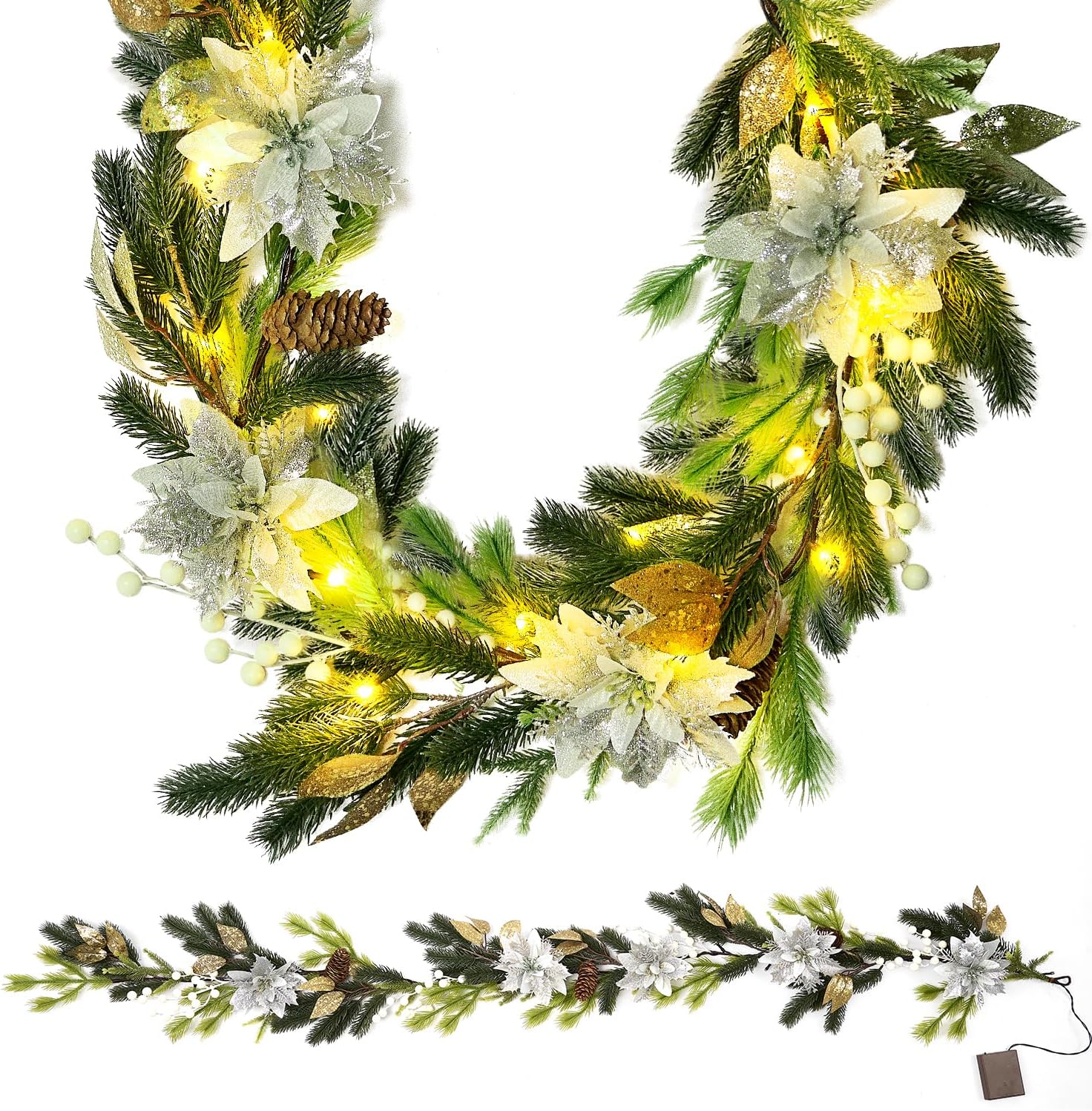 Wreaths, Garlands & Swags - Christmas Garland Decoration with Lights - 9FT 70 LEDs Lighted Christmas Garland with Pine Cones, Berry Clusters, White Flower, Pine Branches, Leaves, Mixed Decors for Mantel Fireplace Stairs Door