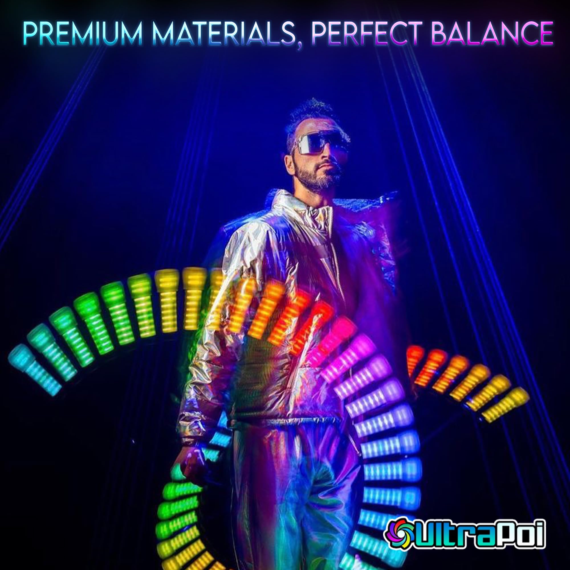 UltraPoi HelixPoi Pro Set – Rechargeable LED Poi w/ 50+ Color Modes – Spinning Light Flow Toys w/Non-LED Knob Handles, Soft Cases & Adjustable Leashes – Visual Poi for Rave, Parties & Performance