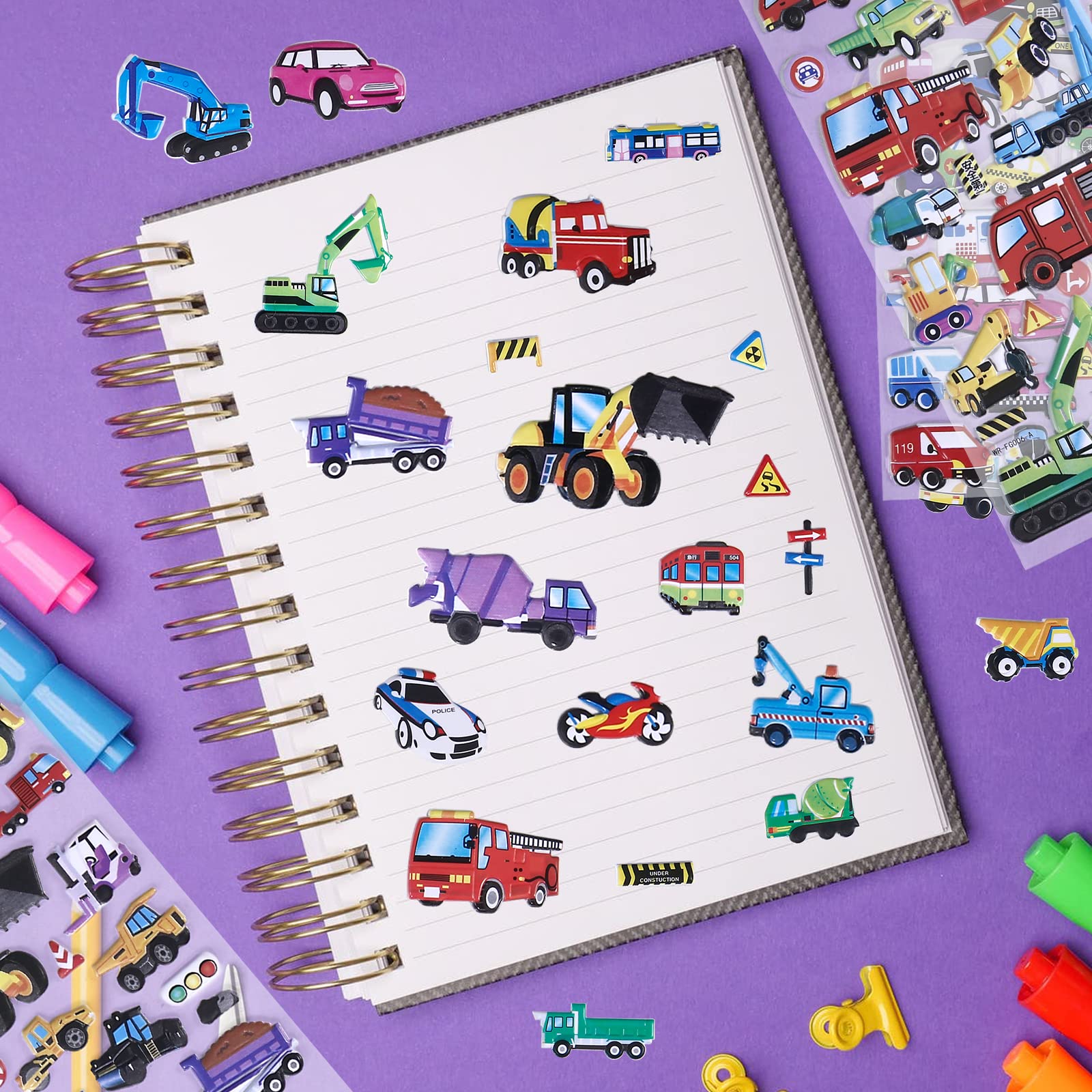 Puffy Vehicle Stickers for Kids Toddlers - 3D Puff Car Stickers for Boys Reusable Foam Sticker with Construction Truck,Tractor,Fire Truck,Police Car,Bus,Transportation Stickers Bulk,4 Sheets.