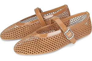 DOEYG Mesh Ballet Flats for Women Buckle Strap Comfy Casual Office Fishnet Ballerina Flat Shoes