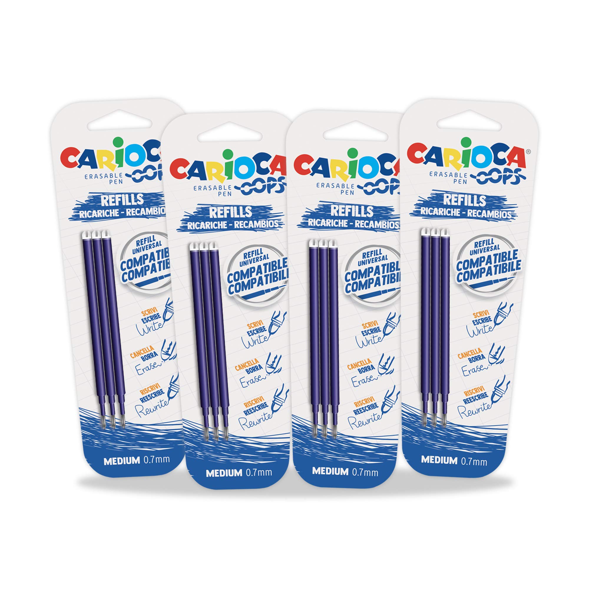 CARIOCA Erasable Pen Refill Set OOPS Blue Color - Tip Ø 0.7 mm, Thermosensitive Ink, Universal Compatible Refills with Main Pens (12 Blue Refills)