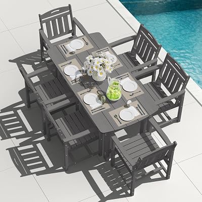 SUUNYN HDPE Outdoor Patio Dining Set with Table & 6 Chairs, All-Weather 7-Piece Outdoor Table and Chairs, 2" Umbrella Hole, Patio Furniture for Garden, Backyard, Deck | Grey
