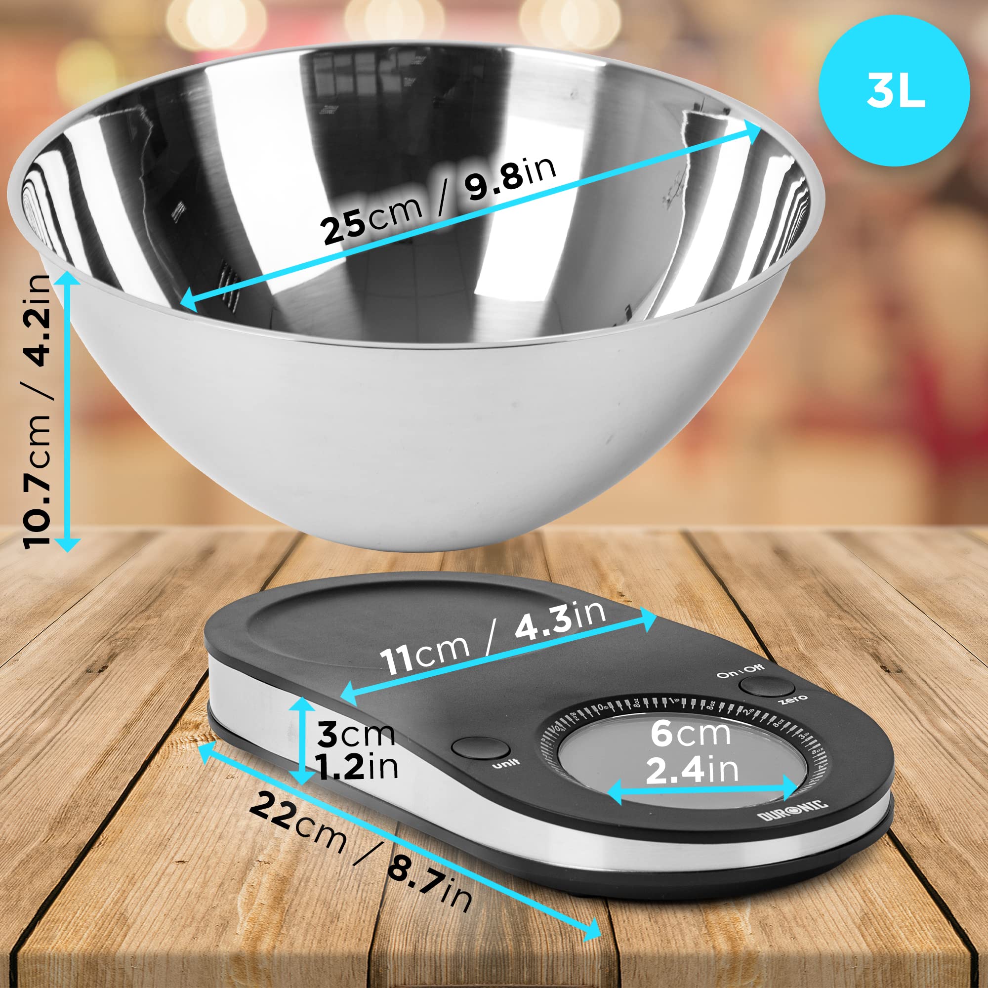 Duronic Digital Kitchen Scale KS5000 Electronic Kitchen Scales with Bowl and Large Display 5kg Capacity Weighing Scales - Ideal Food Measurement, Baking scales, Pet Food, and parcel scales.