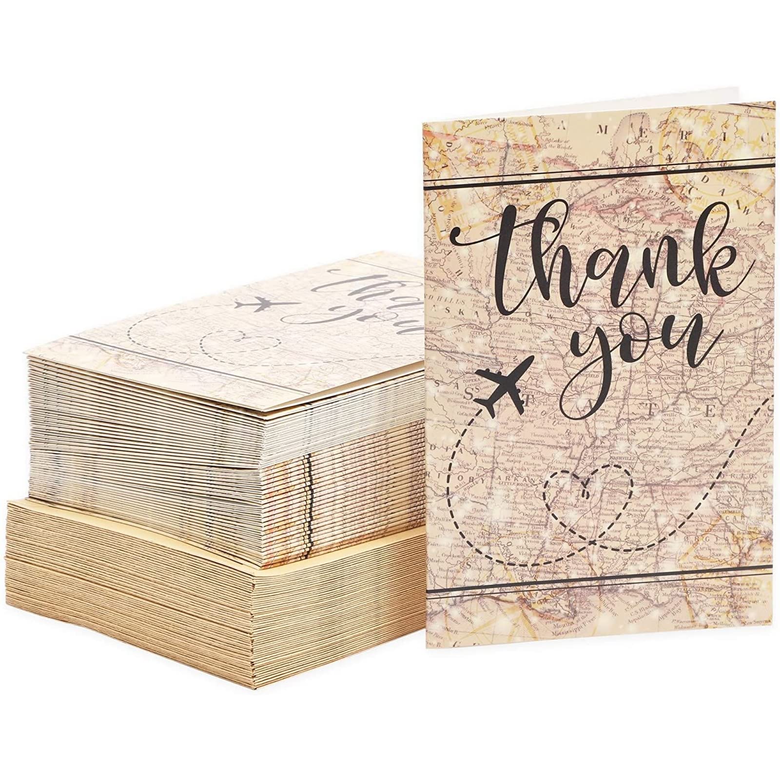48 Count of Thank You Greeting Cards with Envelopes, Holiday Travel Map Design, 10 x 15 cm